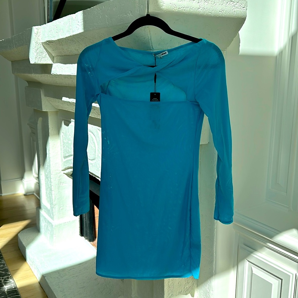 Blue long sleeve mesh cut out dress